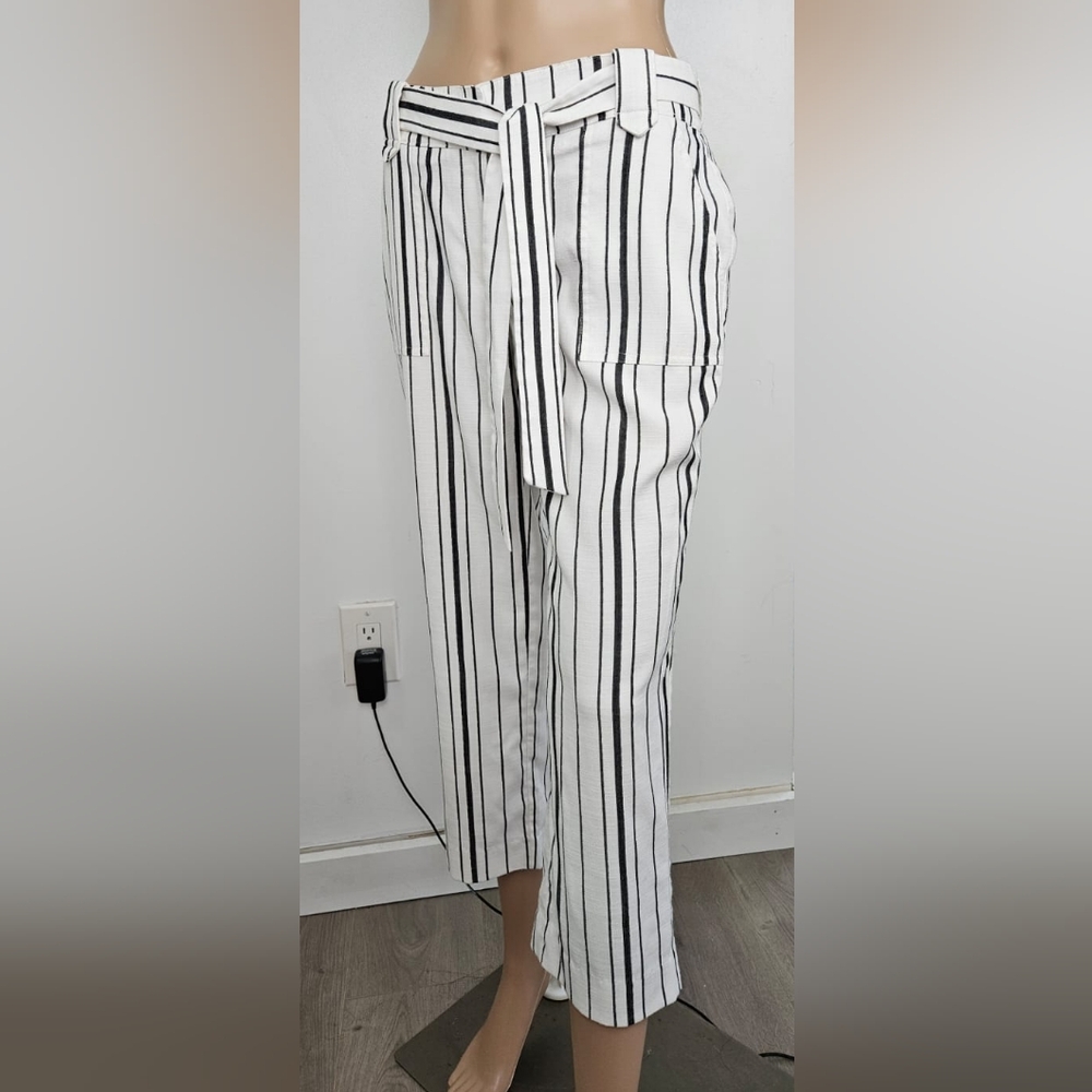 Chico's Women's Tie Waist Stripe Pant      Striped White and Black Cropped Pants